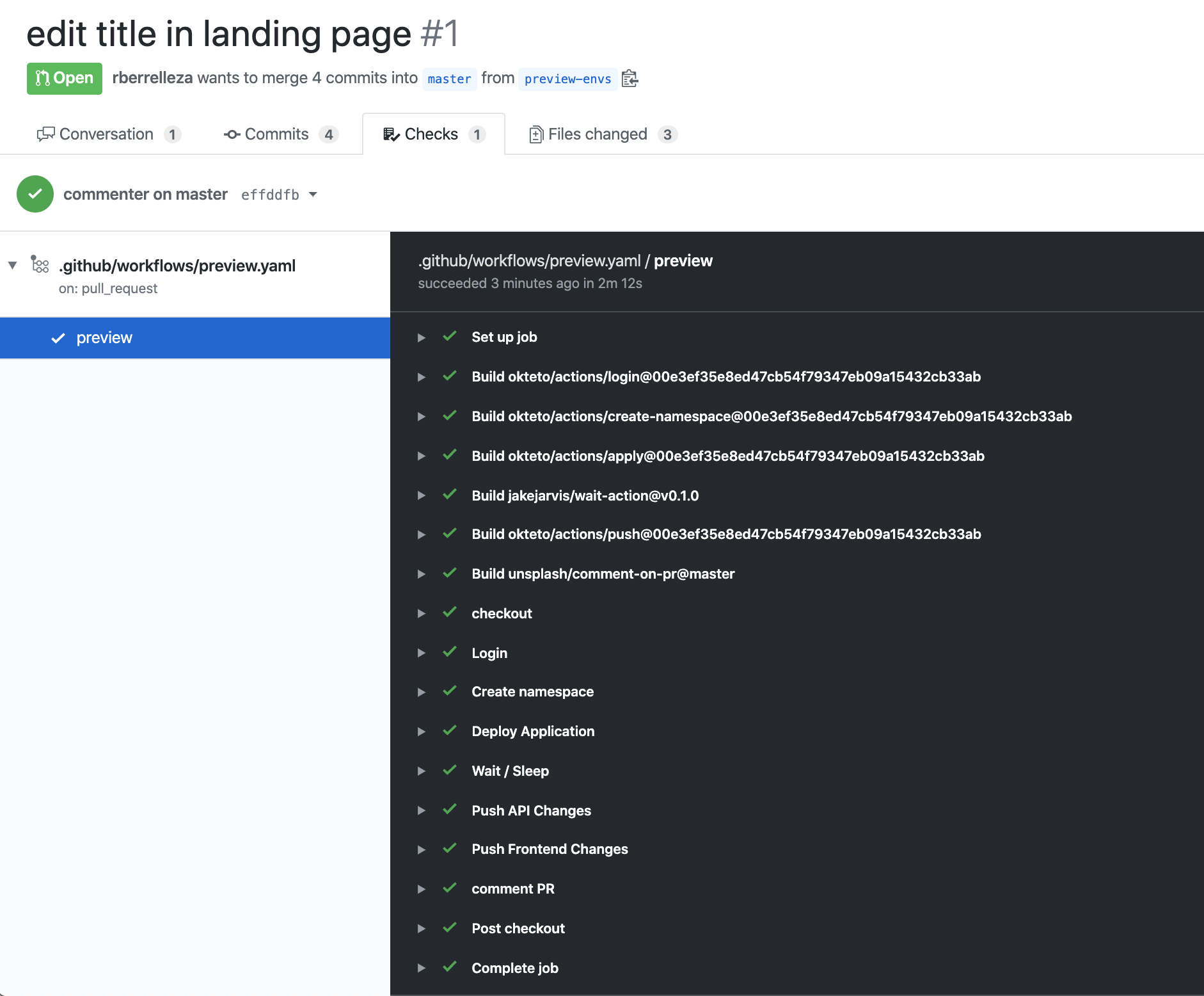 GitHub checks tab showing the preview workflow running